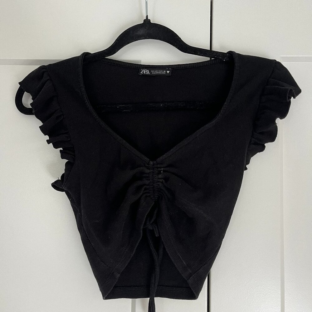 Zara Black Ribbed Ruffle Sleeve Cinched Front Crop Top V-Neck Size S Going Out